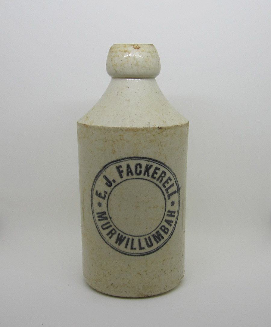 E J Fackerell stone ginger beer bottle, c 1910. MUS1994.138.4