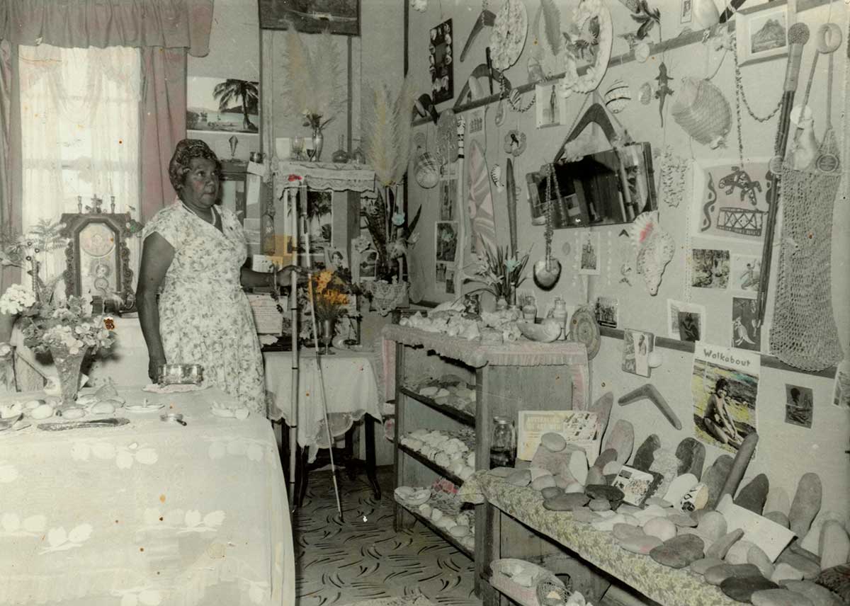 Margaret Kay in the museum she created in her home. Photographer unknown. Tweed Regional Museum Collection M14-7