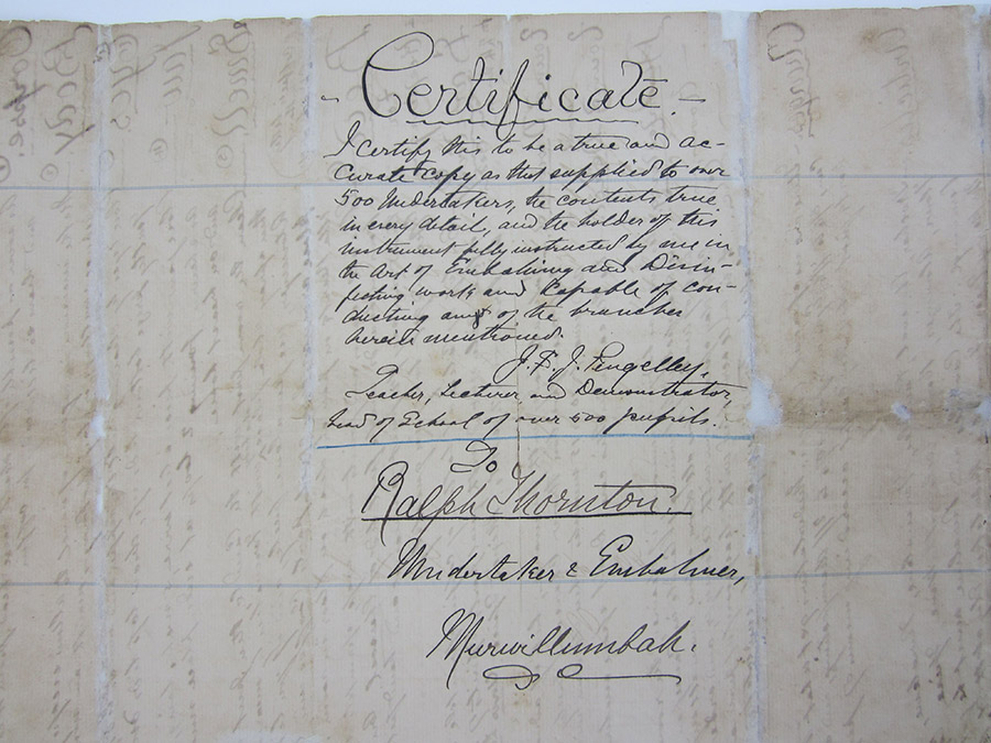 Ralph Thornton's embalmers certificate. MUS2013.19