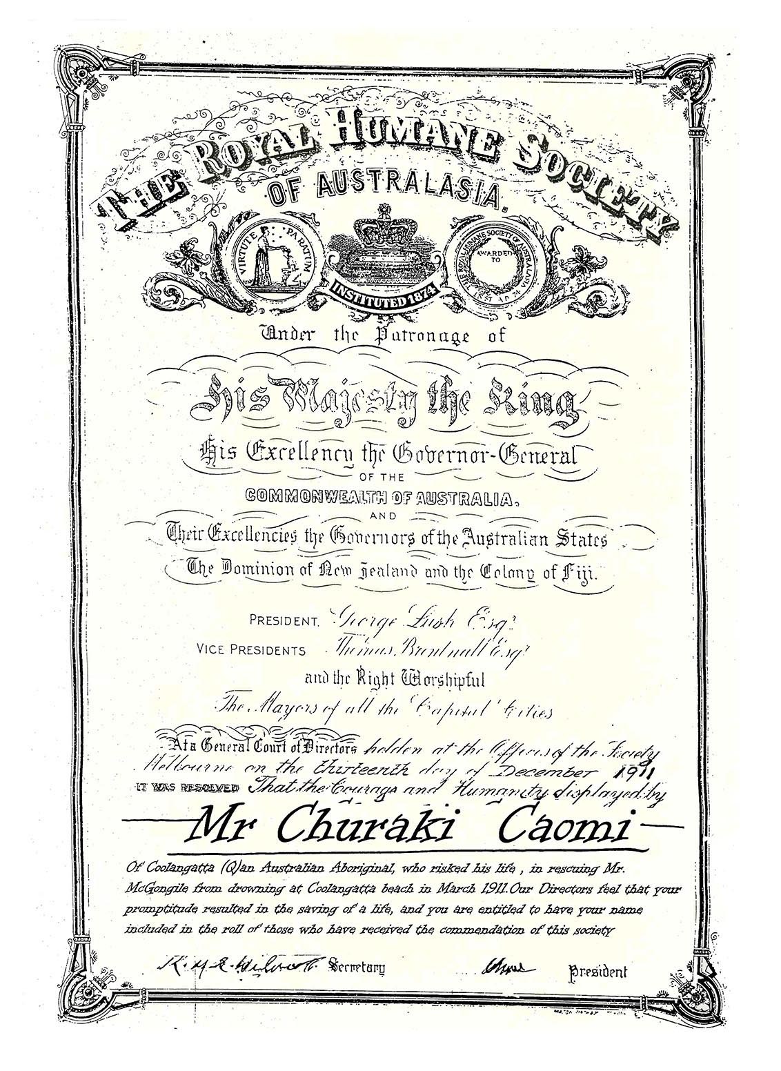 Churaki's certificate from the Royal Human Society of Australasia